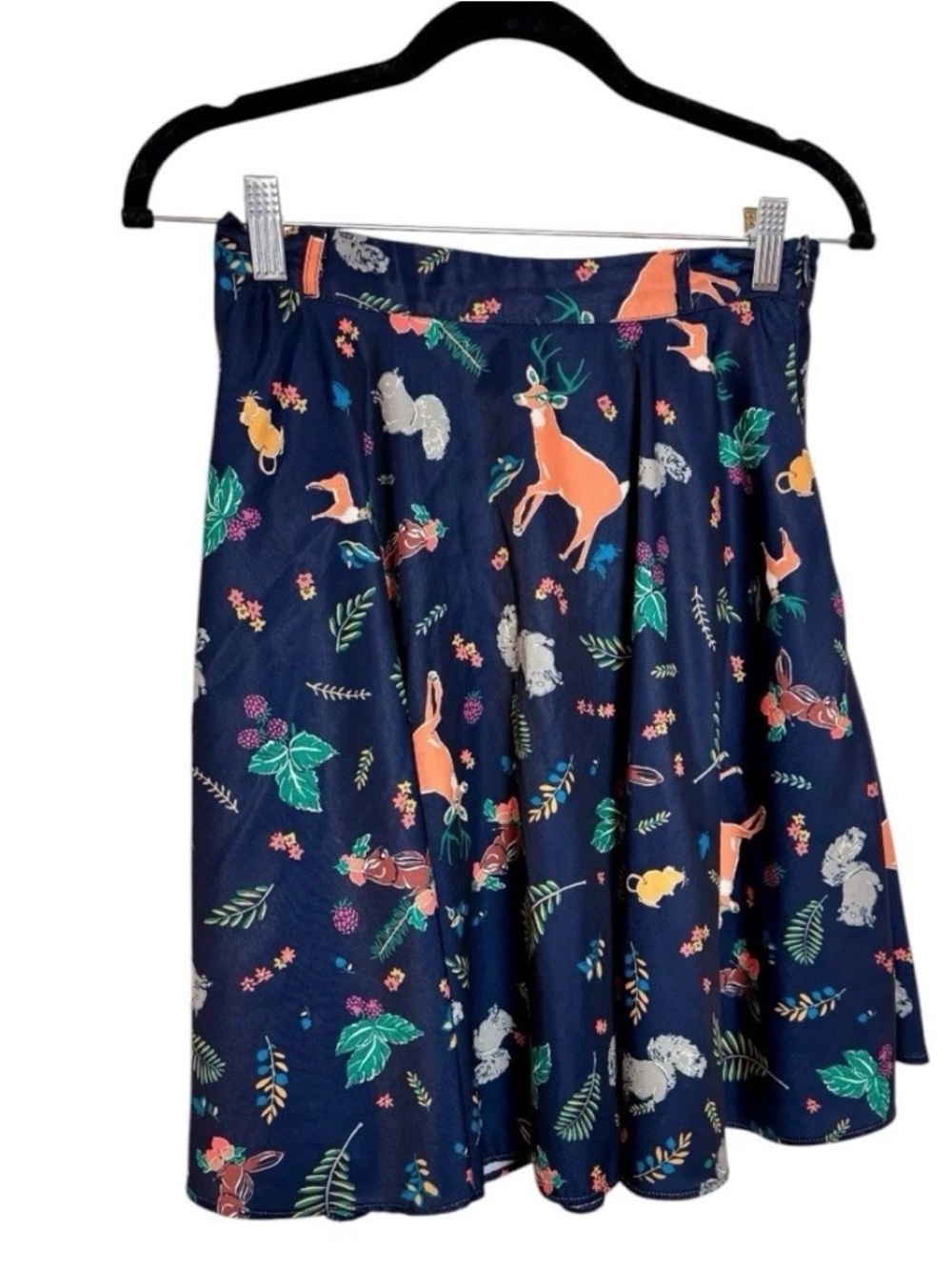 ModCloth Woodland Animals Navy Floral & Deer Print A-Line Skirt size medium